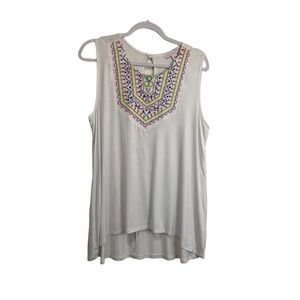 JW Style Embroidered Embellished Keyhole Sleeveless Hi Low Top Womens Size L